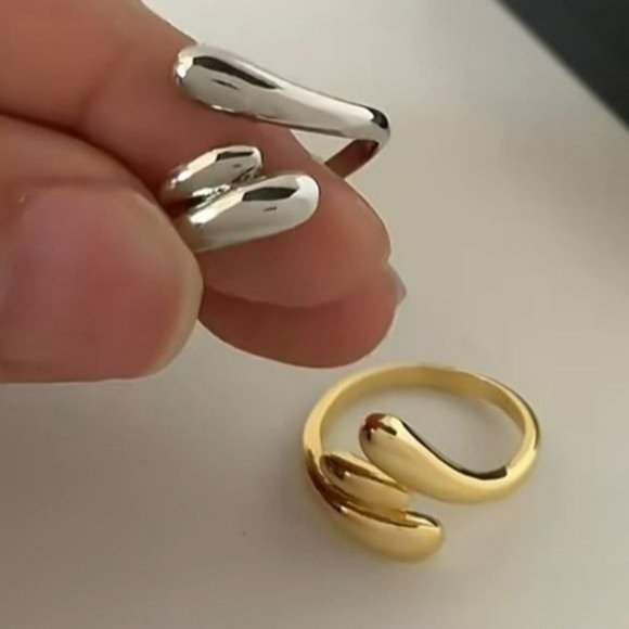 Womens Set of Two Silver And Gold Tear Shape Layers Twisted Open Ring Adjustable - Picture 2 of 14